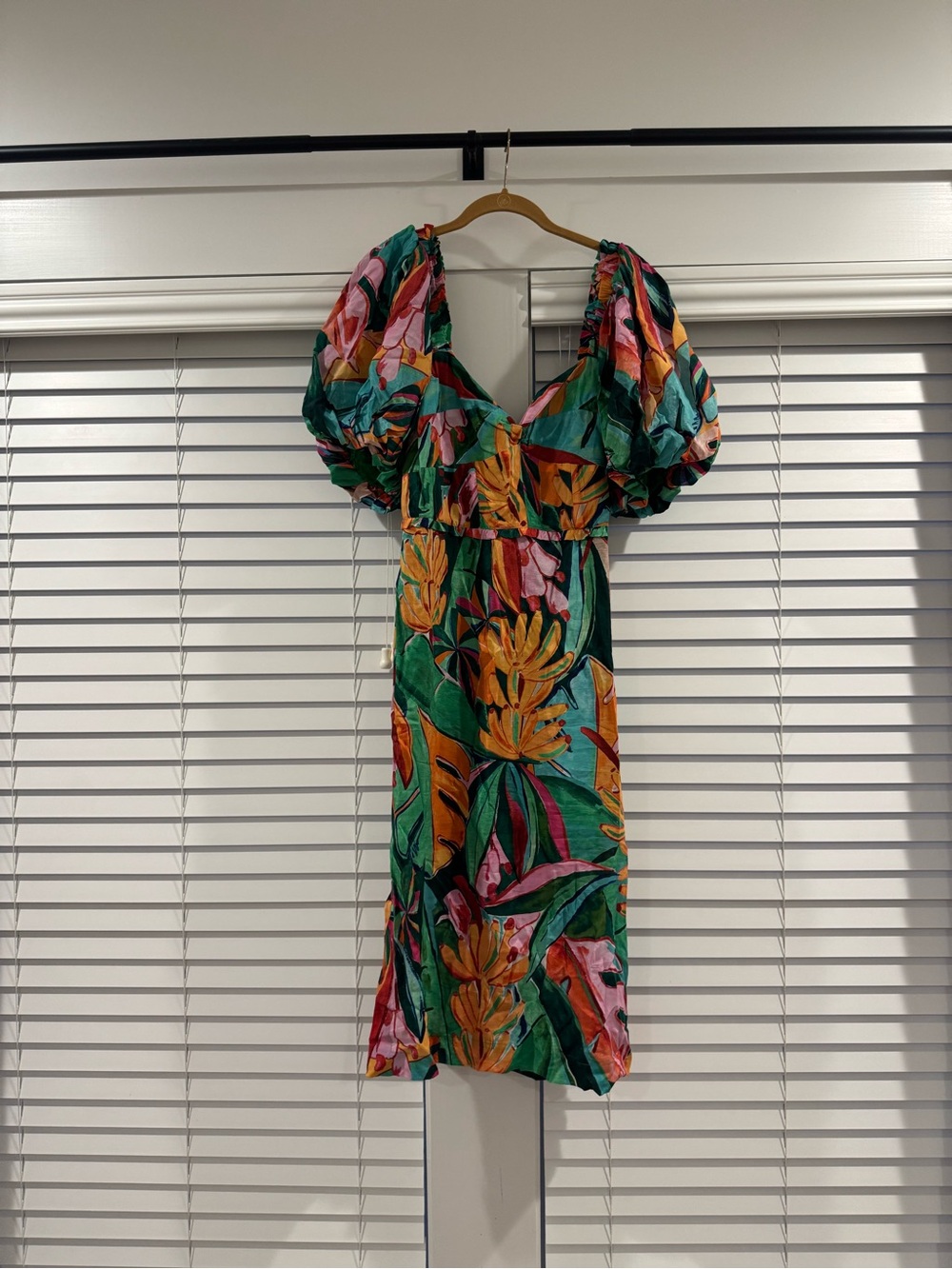 FARM Rio Green Tropical Puff-Sleeve Midi with Bananas & Pink Florals